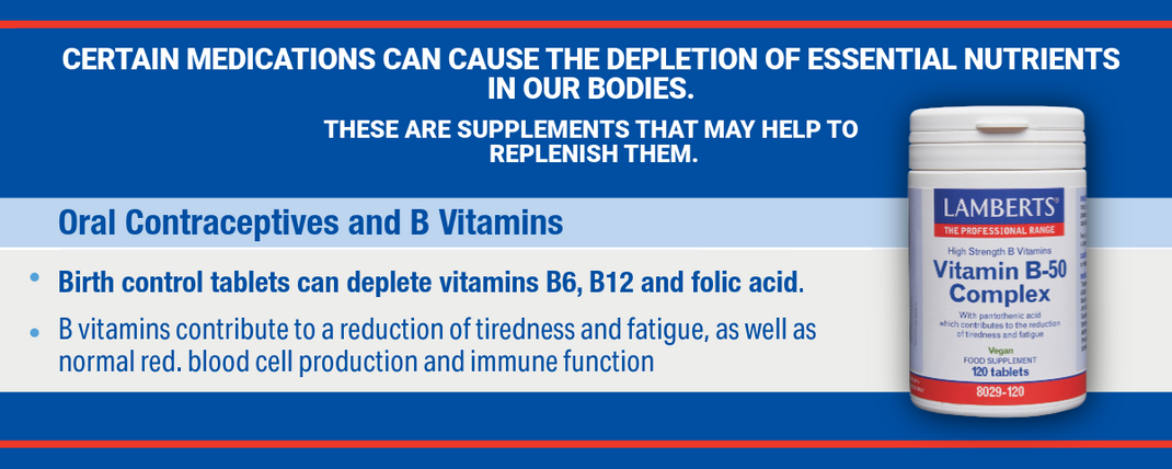Advertisement for Lamberts Vitamin B-56 Complex supplement with text about medication effects on nutrients.