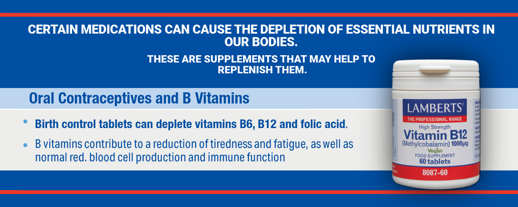Advertisement for Lamberts Vitamin B12 supplement with text about medication effects on nutrients.
