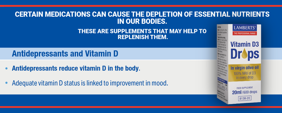 Advertisement for Vitamin D3 Drops supplement with text about medication effects on vitamin D levels.