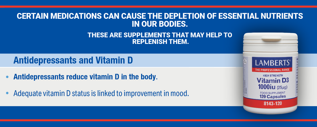Advertisement for Lamberts Vitamin D3 supplement with text about medication effects on vitamin D levels.