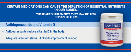 Advertisement for Lamberts Vitamin D3 supplement with text about medication effects on vitamin D levels.