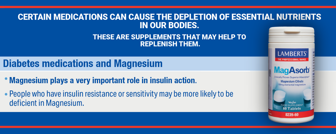 Lambert's MagAsort supplement bottle with text about diabetes medications and magnesium on a blue background
