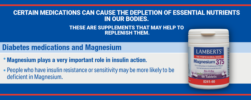 Lamberts magnesium supplement container with text about diabetes medications and magnesium on a blue background