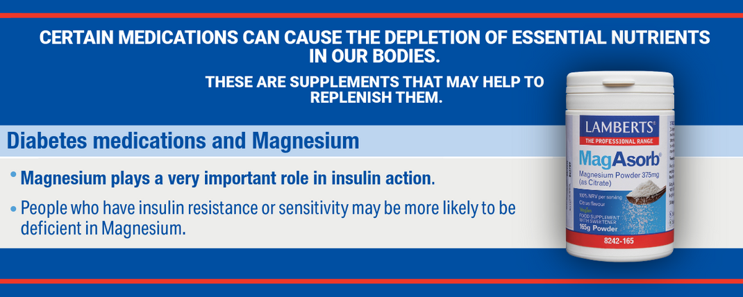 Advertisement for Lamberts MagAsorb supplement on a blue background with text about medications and magnesium.