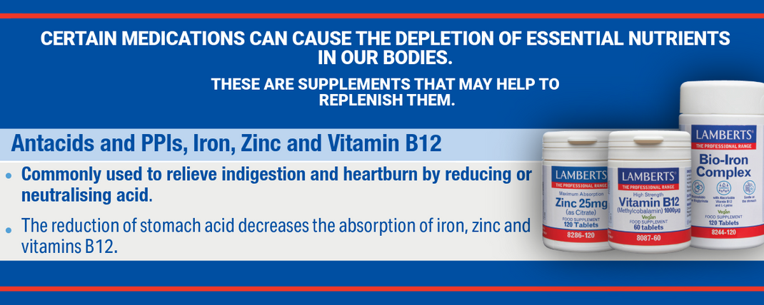 Advertisement for supplements to replenish nutrients depleted by medications on a blue background with Lambert's products.
