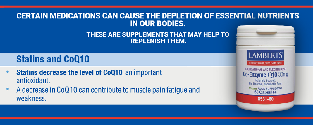An informational graphic with a blue background and text about supplementing for CoQ10 levels, alongside a white Lambert's Co-Enzyme Q10 30mg bottle on the right.