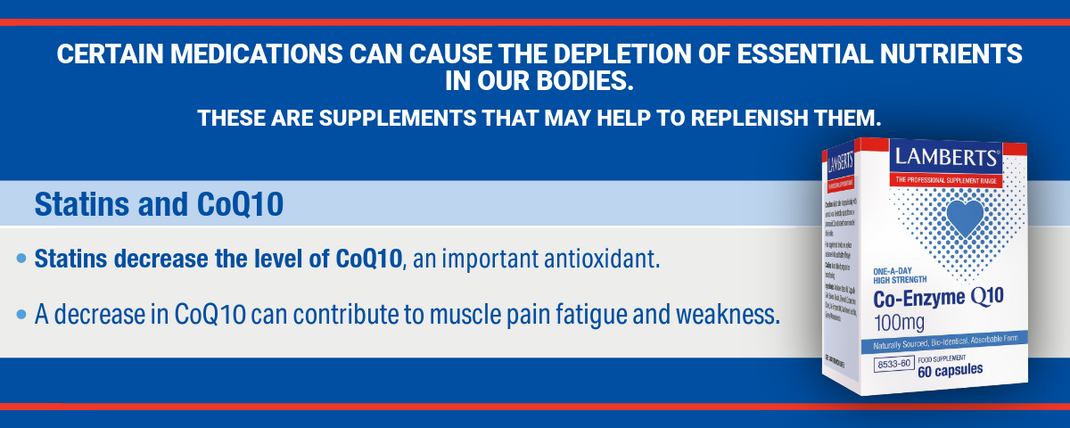 Advertisement for Lamberts Co-Enzyme Q10 supplement with text about medication effects on nutrients.
