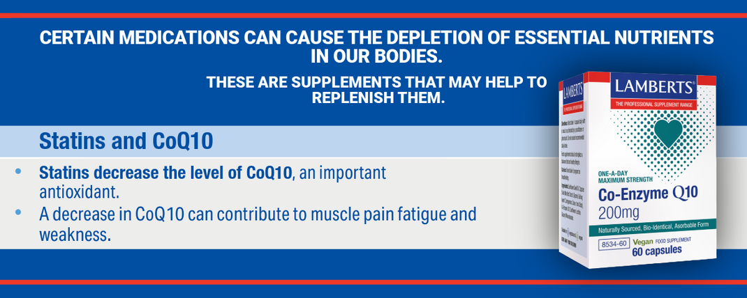 Advertisement for Lamberts Co-Enzyme Q10 supplement with text about statins and CoQ10.