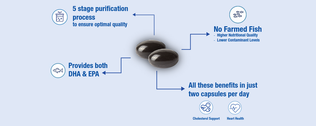 Illustration of fish oil capsules with text on benefits on a blue background