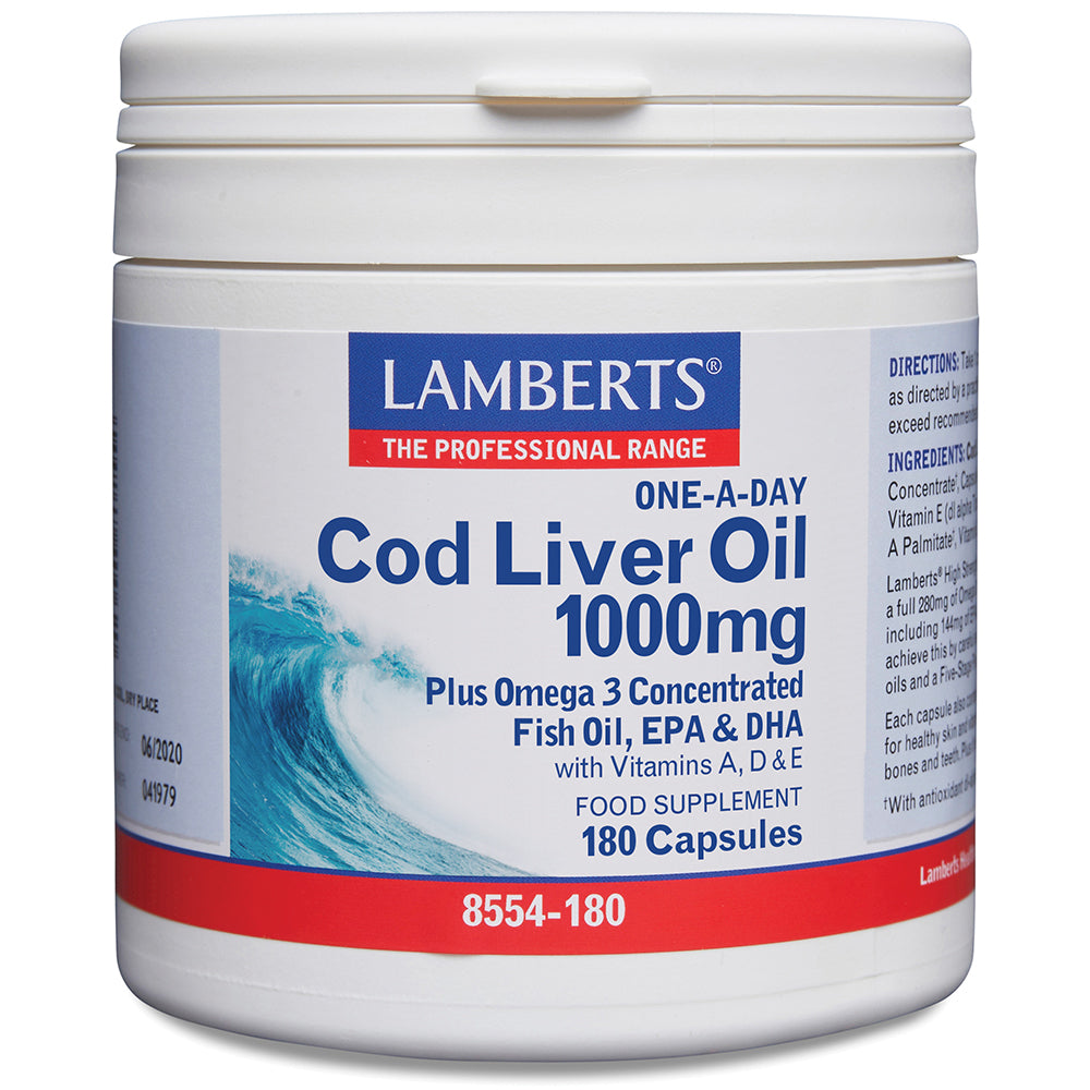 Lamberts Cod Liver Oil supplement container on a white background