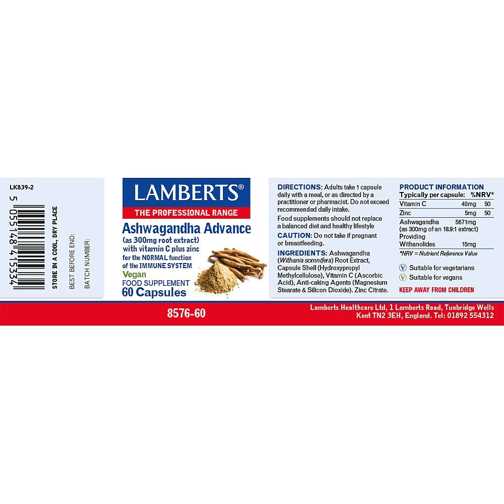 Lambert's Ashwagandha Advance supplement label on a white background