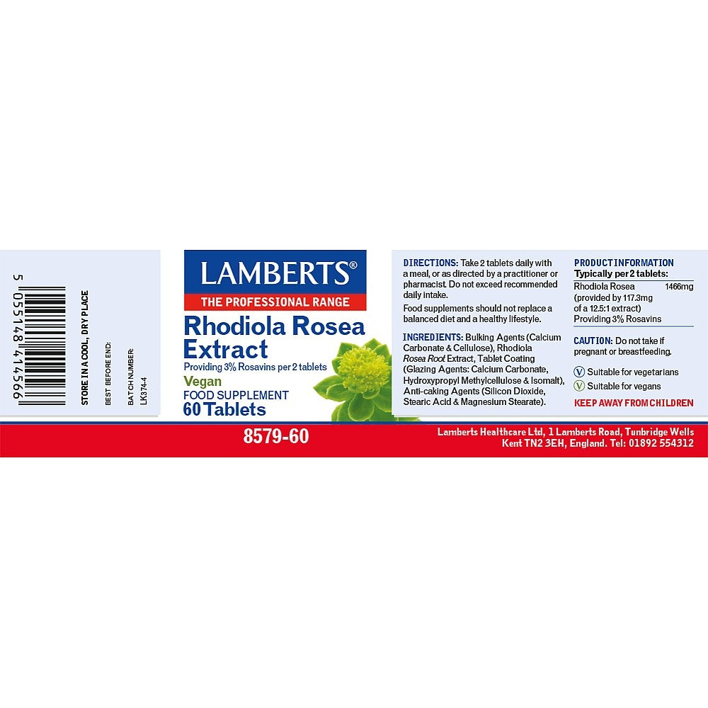 Lamberts Rhodiola Rosea Extract supplement label on a white background