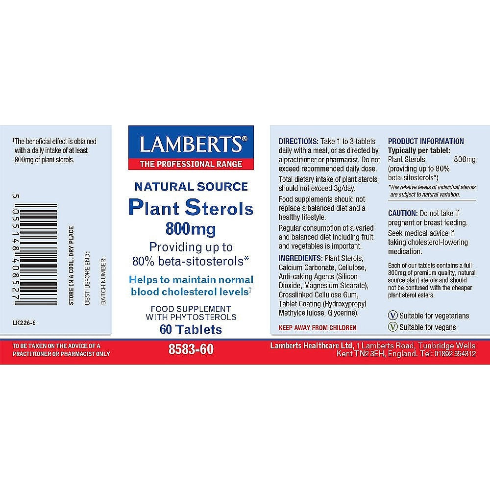 Lamberts plant sterols supplement label on a white background