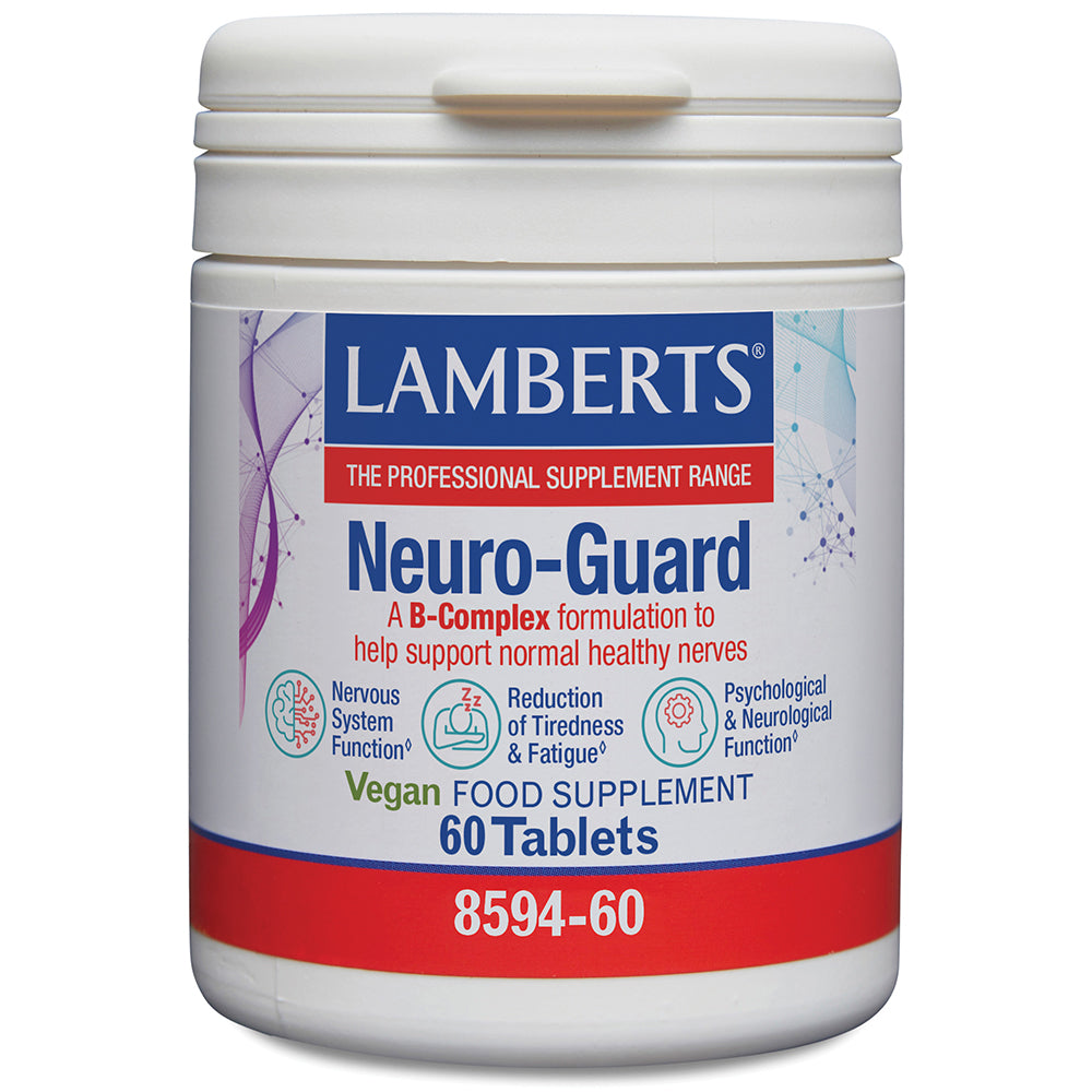 Lamberts Neuro-Guard B-Complex food supplement bottle with 60 tablets, featuring a white plastic container and a label with blue, red, and white colors.