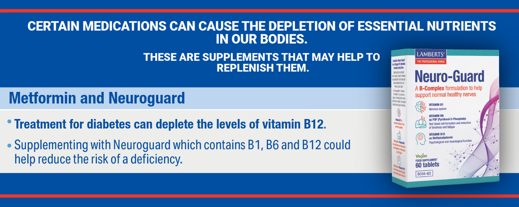 Advertisement for Neuro-Guard supplement box with text about medications and nutrient depletion on a blue background.