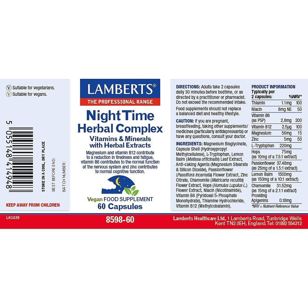 Lamberts Night Time Herbal Complex supplement label on a white background