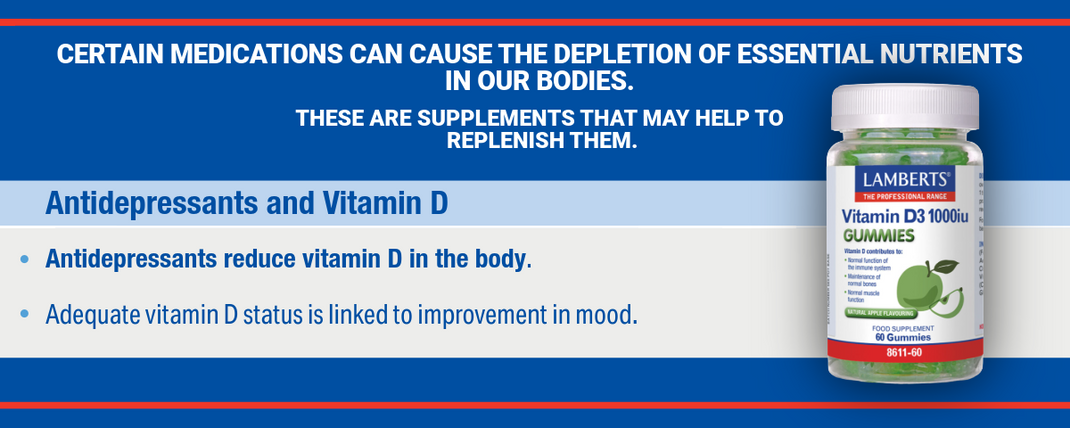 Lamberts Vitamin D3 1000 IU supplement bottle with text about medications and vitamin D on a blue background
