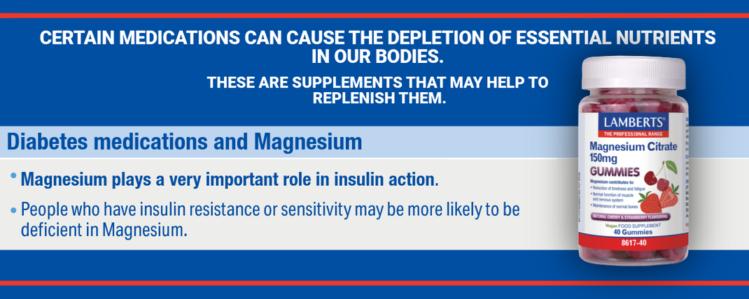 Advertisement for Lamberts Magnesium Citrate Biting Gummies with text about magnesium deficiency and diabetes medications.