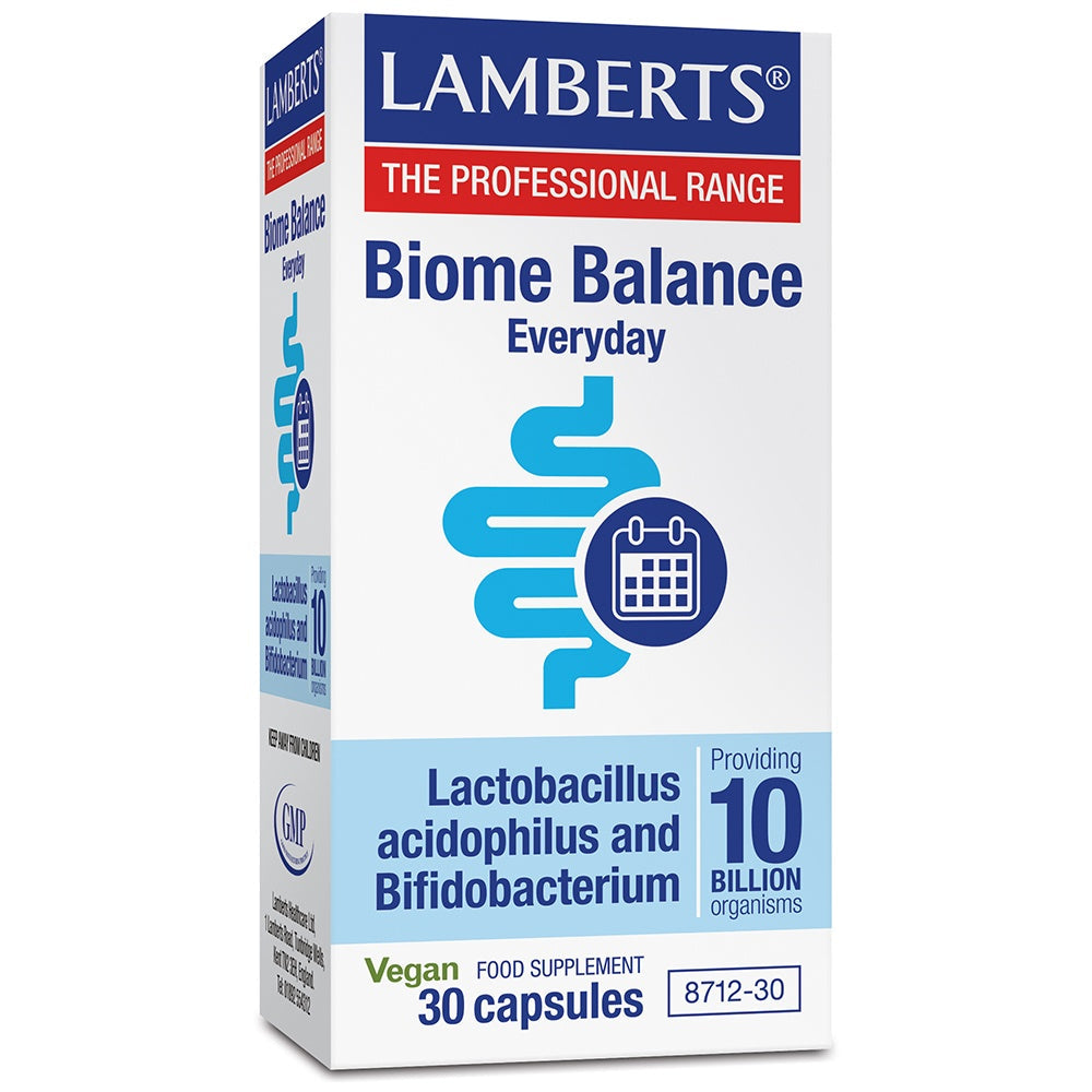Lamberts Biome Balance Everyday supplement box on a white background