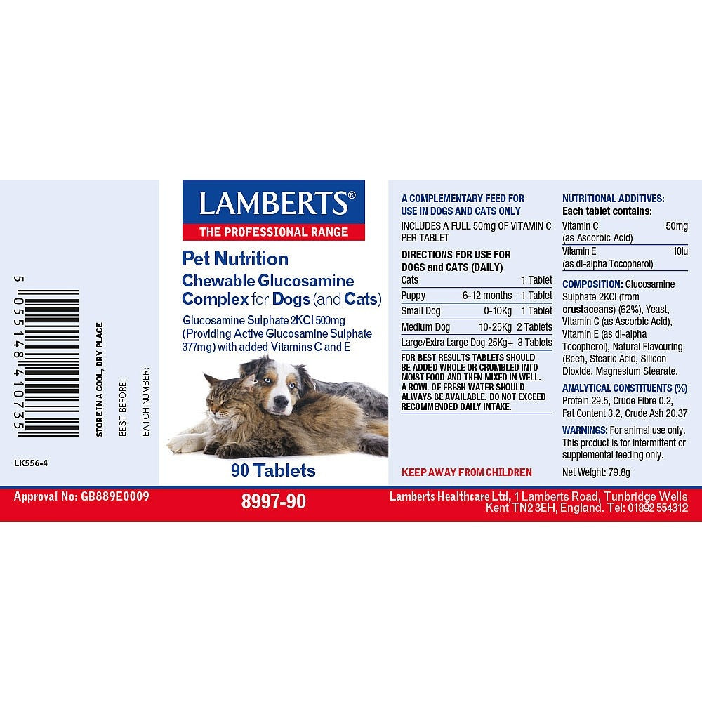 Lamberts Pet Nutrition supplement label for dogs and cats with images of a dog and cat.