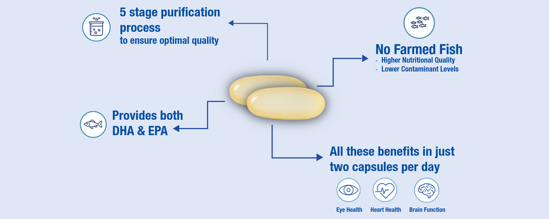 Diagram of a product with text about a 5-stage purification process, no farmed fish, DHA & EPA benefits, and health benefits.