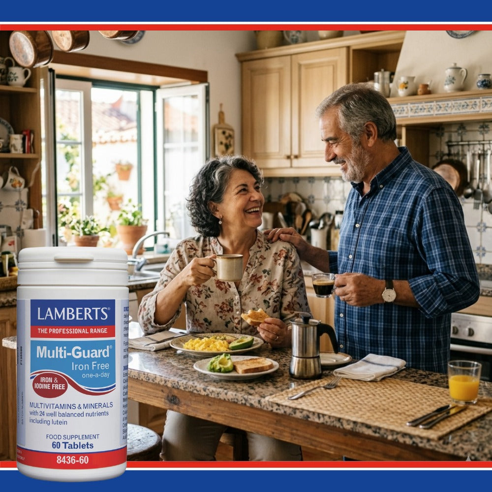 Lamberts Multi-Guard supplement container with a couple in a kitchen setting
