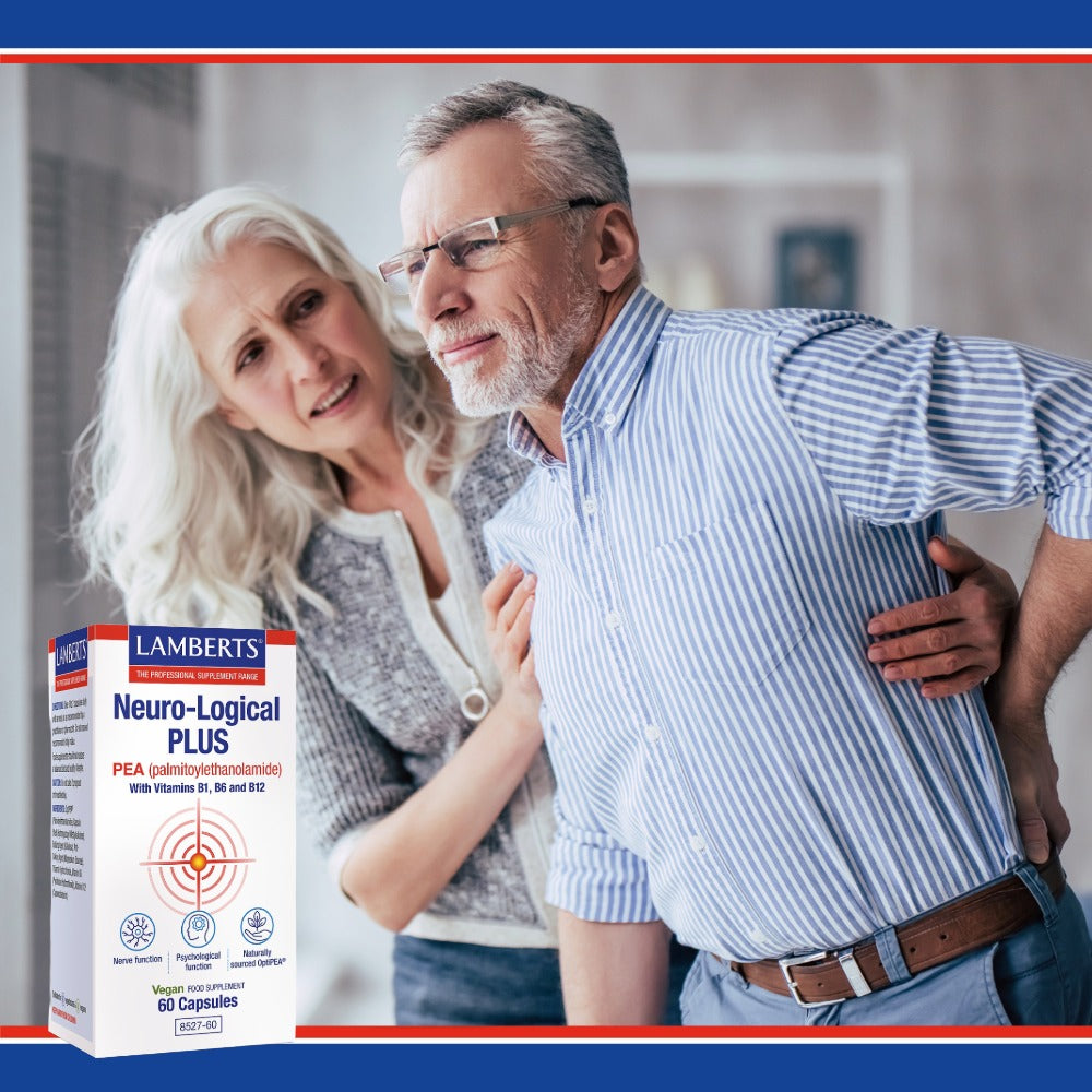 Lamberts Neuro-Logical Plus supplement box with an elderly couple in the background