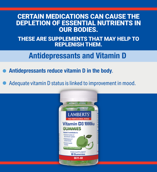 Lamberts Vitamin D3 1000iu gummies bottle with text about antidepressants and vitamin D on a blue background