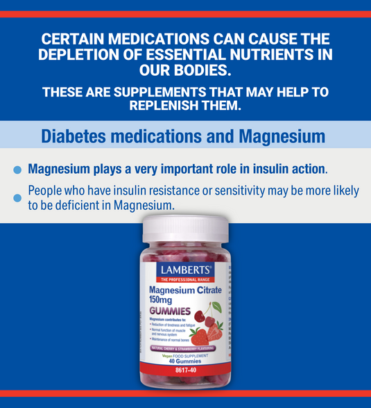 Lamberts Magnesium Citrate 150mg Gummies bottle with text about diabetes medications and magnesium on a blue background.