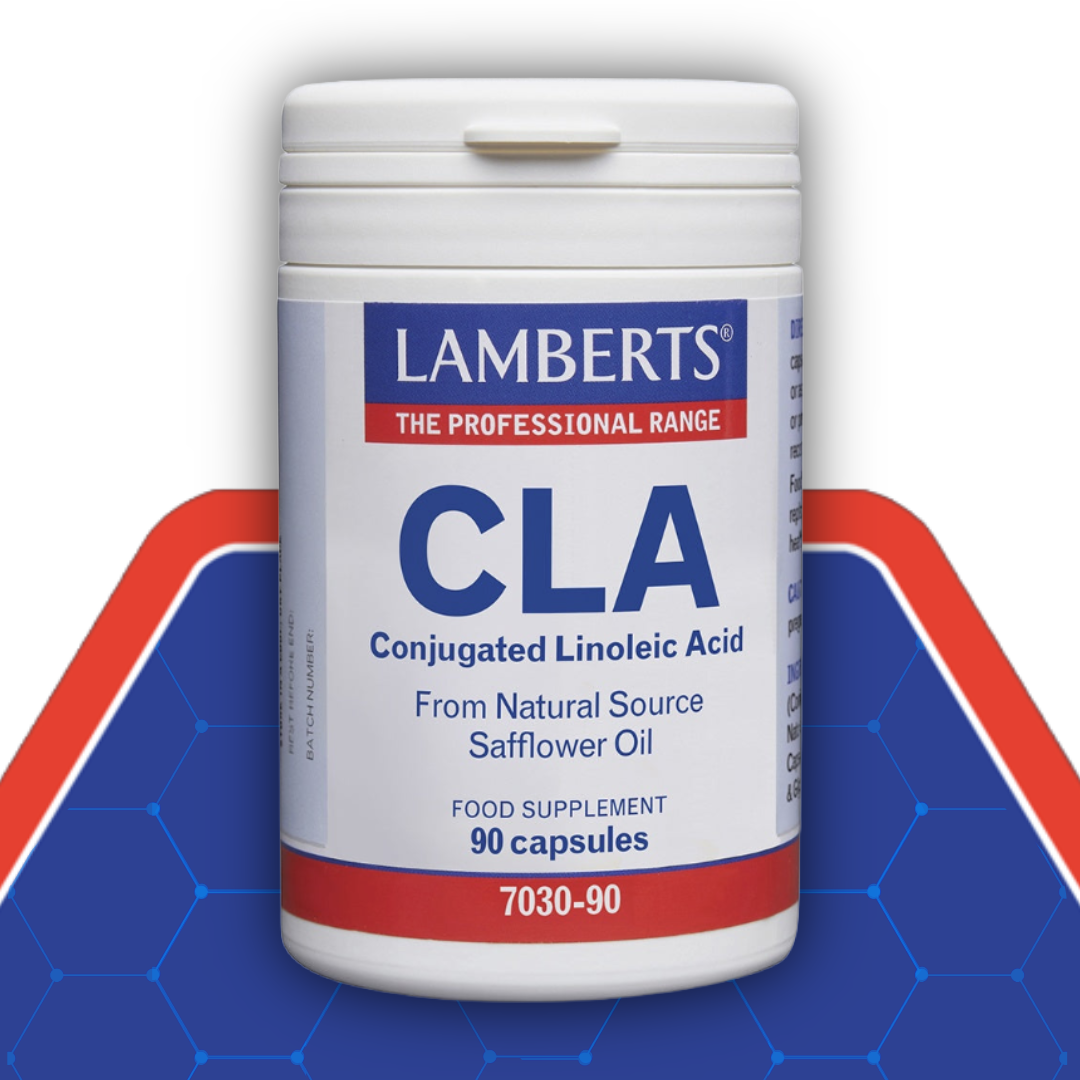 Lamberts CLA supplement container on a blue and red background