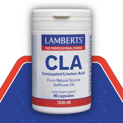 Lamberts CLA supplement container on a blue and red background