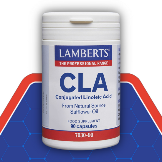 Lamberts CLA supplement container on a blue and red background