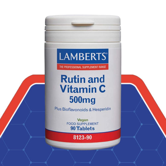 Rutin and Vitamin C 500mg packshot on blue hexagon background