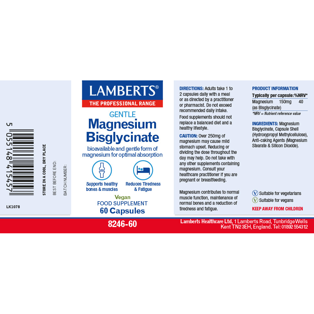 Lamberts Magnesium Bisglycinate supplement label on a white background