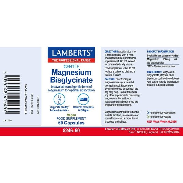 Lamberts Magnesium Bisglycinate supplement label on a white background