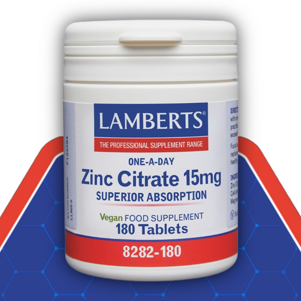 Lamberts Zinc Citrate supplement container on a blue and red background