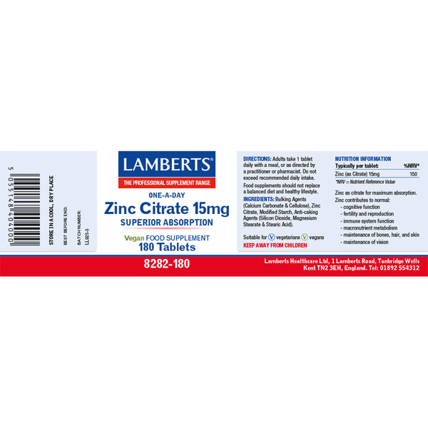 Lamberts Zinc Citrate 15mg supplement label on a white background