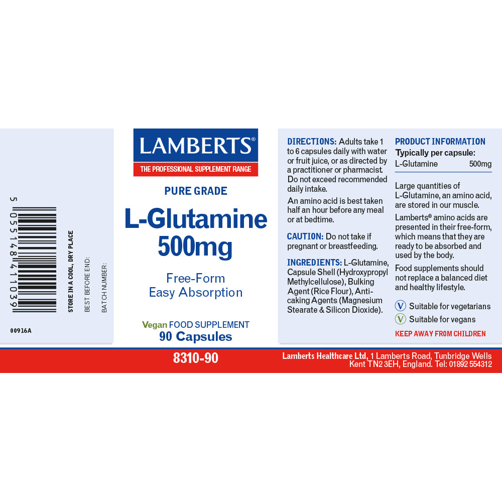 Lamberts L-Glutamine 500mg dietary supplement label showing product details, directions, ingredients, and barcode on a white background.