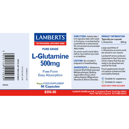 Lamberts L-Glutamine 500mg dietary supplement label showing product details, directions, ingredients, and barcode on a white background.