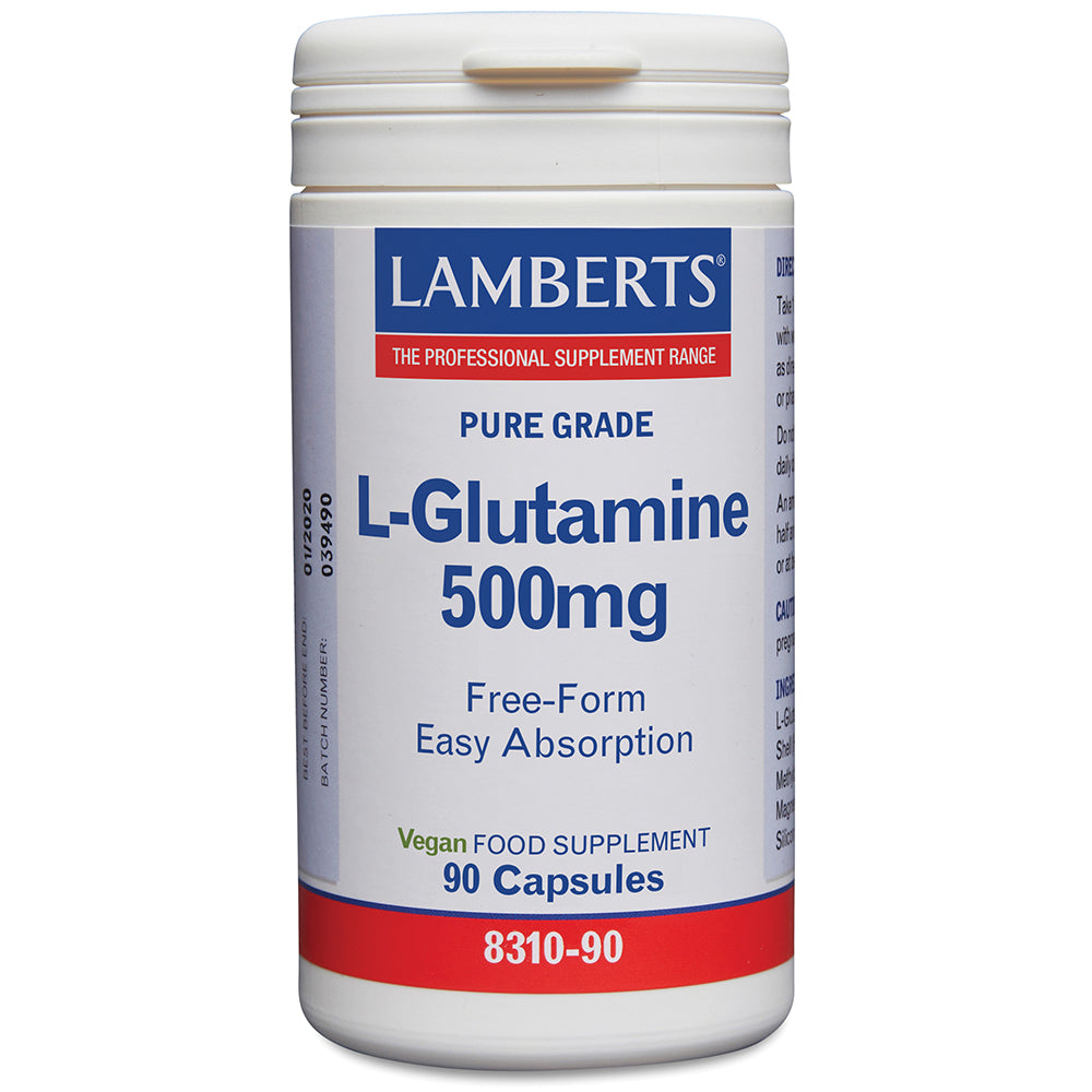 Lamberts L-Glutamine 500mg supplement container on a white background