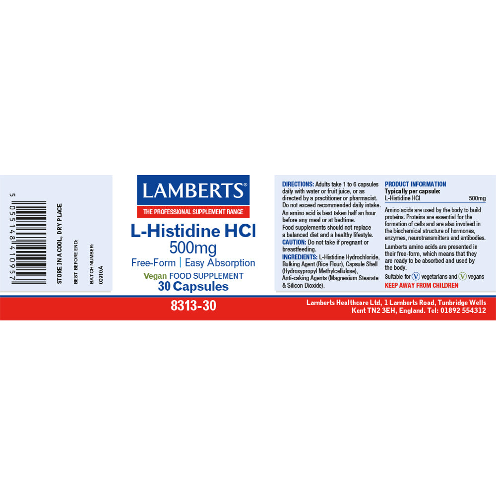 Lamberts L-Histidine HCI supplement label on a white background