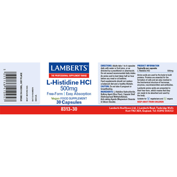 Lamberts L-Histidine HCI supplement label on a white background