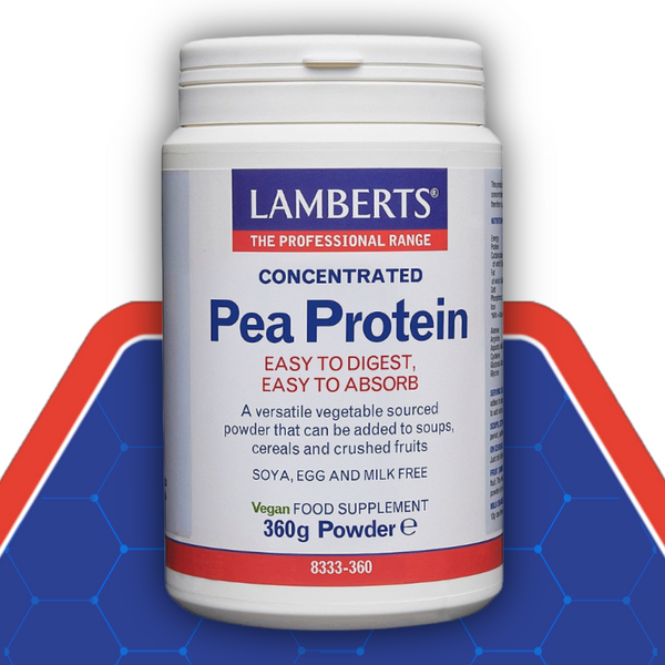 Lamberts Pea Protein supplement container on a blue and red background