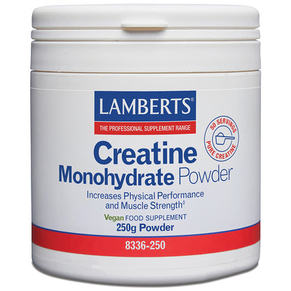 A white plastic tub of Lamberts Creatine Monohydrate Powder with blue and red text on the label, set against a plain white background.