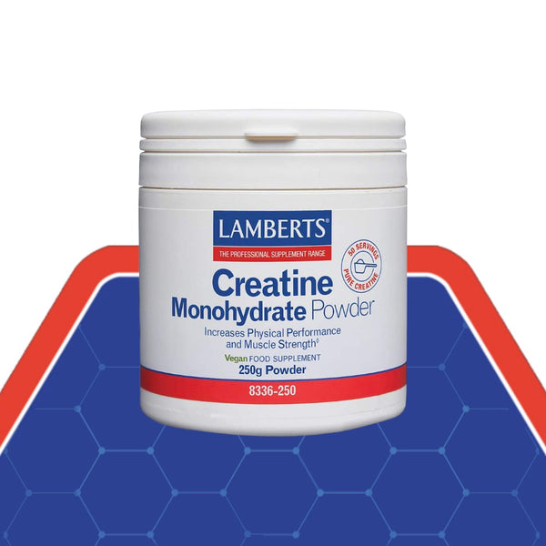 A white plastic tub of Lamberts Creatine Monohydrate Powder on a blue and red graphic background. The label features the Lamberts brand name in blue and red, with the product name in blue text.