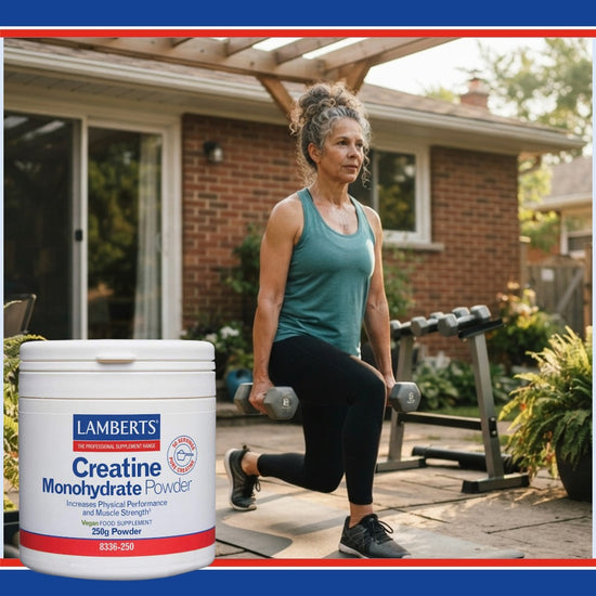 A woman in athletic wear exercises outdoors in a backyard while holding dumbbells, with a large tub of Lamberts Creatine Monohydrate Powder shown prominently in the lower left foreground.