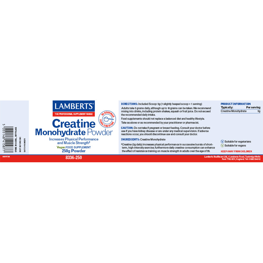 Lamberts Creatine Monohydrate Powder supplement label showing product details, directions, and warnings on a white background.