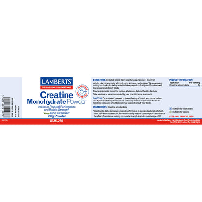 Lamberts Creatine Monohydrate Powder supplement label showing product details, directions, and warnings on a white background.