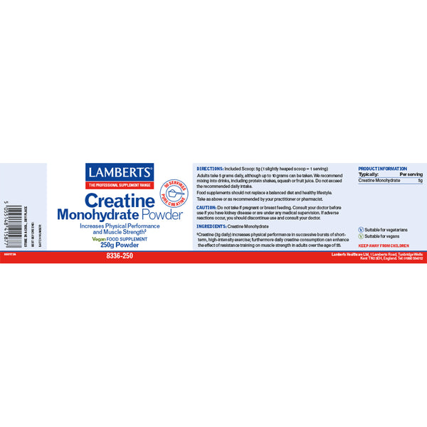 Lamberts Creatine Monohydrate Powder supplement label showing product details, directions, and warnings on a white background.