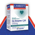 Lamberts Co-Enzyme Q10 supplement packaging on a blue and red background